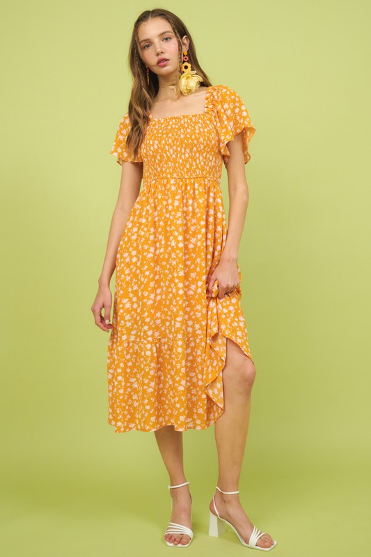 New Summer Flower Print Flutter Sleeve Smocked Midi Dress For Women – Fluttering, Trendy, Romantic and Feminine Style