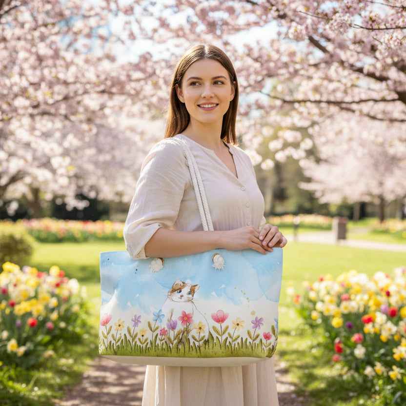 Curious Garden Cat Weekender Bag – Watercolor Floral Travel Tote