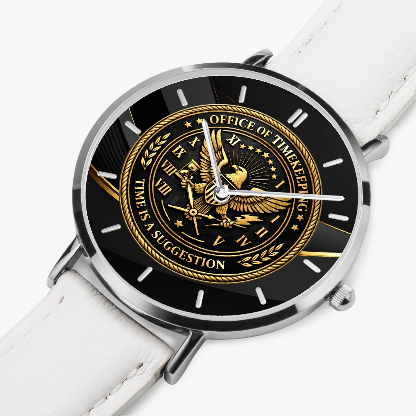 Office of Timekeeping Leather Strap Watch – “Time Is A Suggestion” Emblem – Unisex Gold & Black Dial