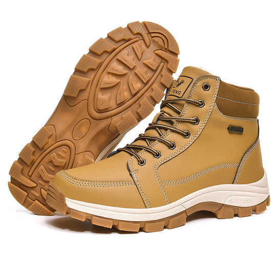 Brown Winter Mens Snow Boots Warm Plush Boots Waterproof Leather Ankle Boots Fashion Outdoor Non-slip Men's Hiking Boots Winter Ankle Snow Hiking Boots Warm Water Resistant Sport Shoes