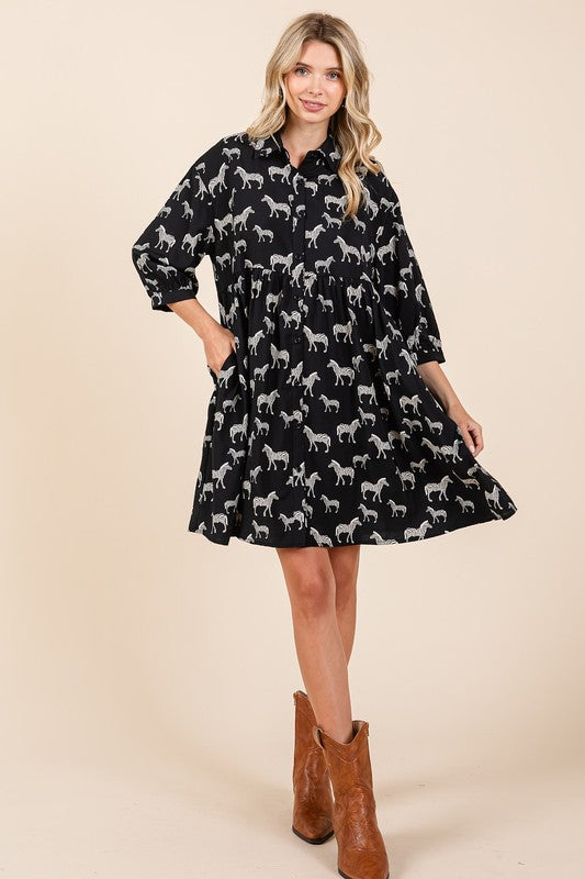 Zebra Print Button Down Shirt Mini Dress – Bold and Fashion-Forward Zebra Print Dress with Casual Button-Down Design