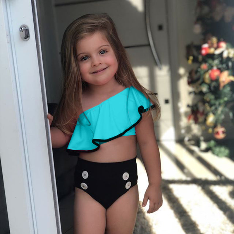 Girls Summer Split Slanted Shoulder Ruffled Candy Color Swimsuit