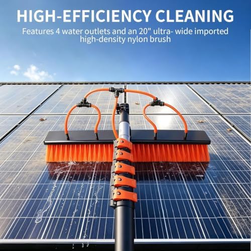 Solar Panel Cleaning Kit with 5-20ft Telescoping Pole, Water Fed Pole Window Cleaning System with Soap-Dispenser, Brush, 11″Squeegee & Cobweb Duster for Snow Removal, Windows, RVs, Decks