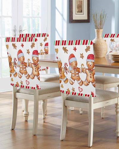 Christmas Gingerbread Man Chair Back Covers Set of 6 Xmas Stars Candy Sugar Watercolor Vintage Washable Removable Chair Cover Slipcover Protector for Dining Room Hotel Party Holiday Decor