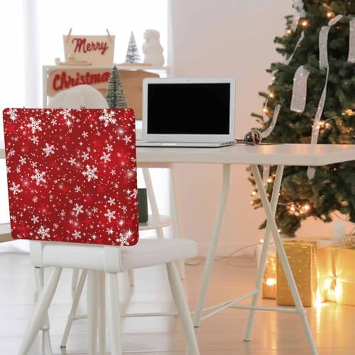 Christmas Chair Back Covers Set of 8 Winter Red Snowflakes Shinny White Stars Retro Washable Removable Chair Cover Slipcover Protector for Dining Room Hotel Party Holiday Decor