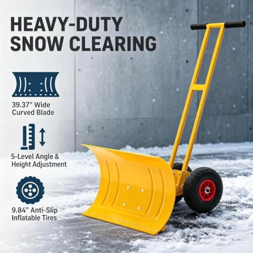 MAXSA 29" W × 20" H Adjustable Snow Shovel with Wheels for Driveway, Yellow