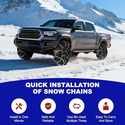 Auto-Tightening Snow Chains, 1-Minute Quick Install Tire Chains for Cars/SUVs/Trucks, 4.5MM Heavy-Duty Emergency Traction, Set of 2