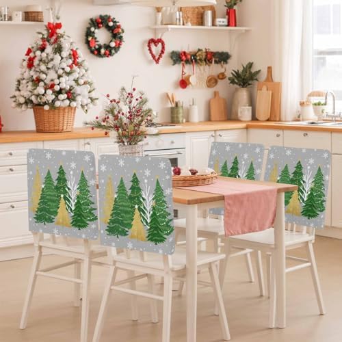 Christmas Tree Chair Back Covers Set of 6 Winter Snowflakes Stars Green Gold Tree Grey Bottom Washable Removable Chair Cover Slipcover Protector for Dining Room Hotel Party Holiday Decor