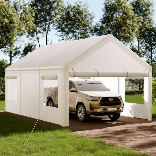 Shintenchi Portable Garage Canopy,12x20 FT Heavy-Duty Design Carport,Carport Canopy with Side-Opening Removable Door & Roll-Up Window,Portable Car Port for Car, Truck, Boat,White