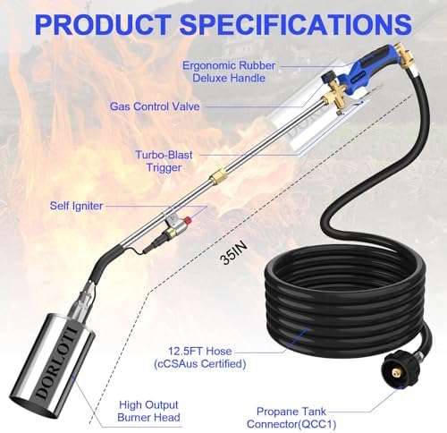 Propane Torch Weed Burner Kit with Long/Short Mode &12.5FT Hose for Weeding