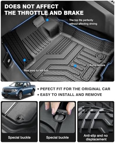 Powerty Floor Mats Truck Bed Mat for 2022-2024 2025 2026 Ford Maverick Gas Model All Weather 3D TPE Anti-Slip Protection, 1st & 2nd Row Set with Truck Bed Liner Accessories