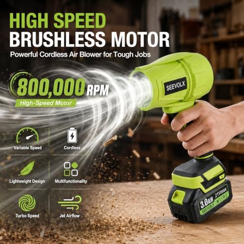 SEEVOLX Turbo Jet Cordless Leaf Blower with 2 x 21V 3.0Ah Batteries & Charger, 700 CFM Lightweight Handheld Blower, 800,000 RPM High Speed Motor, 50+ m/s Air Speed for Lawn, Leaves, Dust & Car Drying