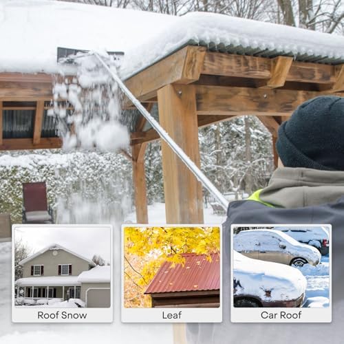 4.8 - 20FT Roof Snow Rake for Snow Leaves Removal, Telescopic Roof Snow Removal Tool Adjustable Snow Rake for House Roof, Aluminum Snow Shovel with Wheels, 5-Section Tubes