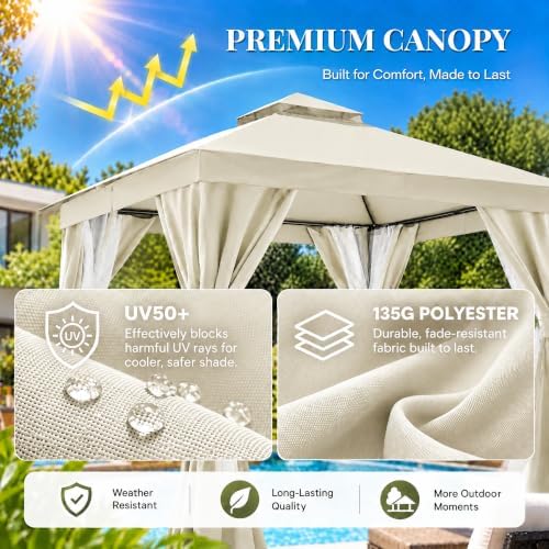 LAUSAINT HOME 12x12 Gazebo Canopy with Netting, Curtains & Double Roof