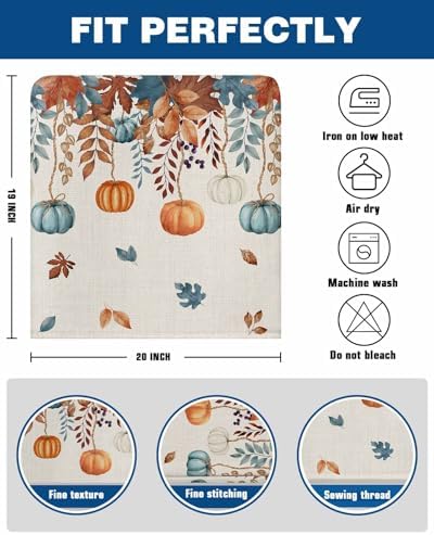 Thanksgiving Pumpkin Chair Back Covers Set of 8 Orange Blue White Maple Leaves Vintage Linen Texture Washable Removable Chair Cover Slipcover Protector for Dining Room Hotel Party Holiday Decor