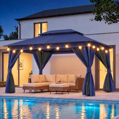 LAUSAINT HOME 10x13 Gazebo with Lights, Netting, Curtains & Double Roof