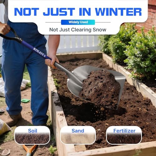 KOLEIYA Aluminum Snow Shovel Heavy Duty, 45-Inch Large Capacity Metal Scoop for Driveway, 3.7lbs Lightweight with Fiberglass D-Handle, Blue