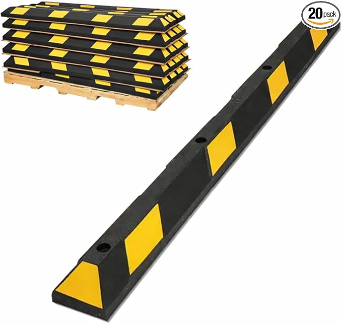 Parking Stopper for Garage or Parking lot – 72” Long, Pack of 20, Bulk Wholesale Pallet, Rubber Bumper Block Car Wheel Stop, Yellow & Black Tire Curb Barrier
