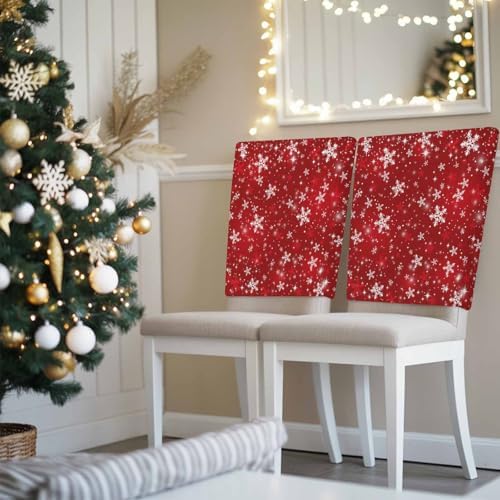 Christmas Chair Back Covers Set of 8 Winter Red Snowflakes Shinny White Stars Retro Washable Removable Chair Cover Slipcover Protector for Dining Room Hotel Party Holiday Decor