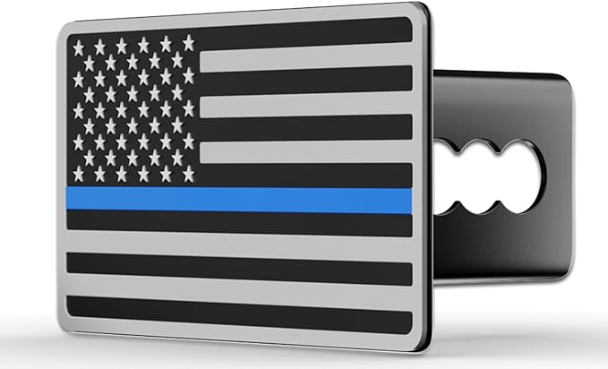 Chrome Line American Flag Metal Trailer Hitch Cover for 2" inch Receivers, Tow Hitch Cover for Trucks Cars SUV (Chrome with Blue Line)