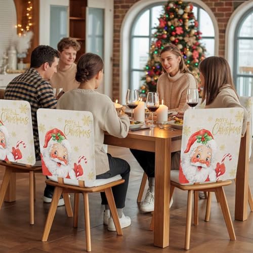 Merry Christmas Chair Back Covers Set of 6 Santa Claus Xmas Gold Snowflake Linen Texture Washable Removable Chair Cover Slipcover Protector for Dining Room Hotel Party Holiday Decor