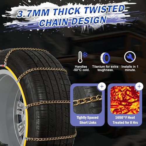 AutoFixing Snow Chains Tire Chains For Cars Suv Pickup Trucks, 3.7mm Twisted Alloy Steel, Fast 1-Min Install, Contains Titanium for Wear Resistance, Set of 2(HLN130)