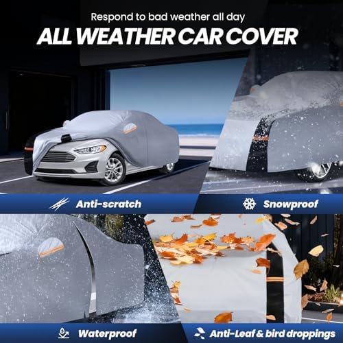 Multi-Layer Car Cover Custom Fit for Ford Fusion(205-2026), 100% Waterproof All Weather for Automobiles, Gift with Towel, Heavy Duty Car Covers for Rain Sun UV Protection with Door Zipper