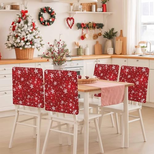 Christmas Chair Back Covers Set of 4 Winter Red Snowflakes Shinny White Stars Retro Washable Removable Chair Cover Slipcover Protector for Dining Room Hotel Party Holiday Decor