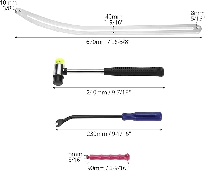 QWORK Car Dent Removal Tool Kit, Stainless Steel Auto Fender Repair Puller, Crowbar Tools Hook Rods, Lifter Big Curved Rod, with Curved Rods, Rubber Mallet, and Hooks