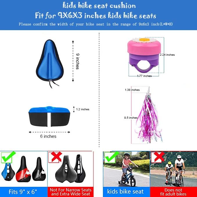 Kids Gel Bike Seat Cushion Cover for Boys & Girls, 9"x6" Breathable & Extra Soft Memory Foam Children Bicycle Saddle Pad with Water&Dust Resistant Cover