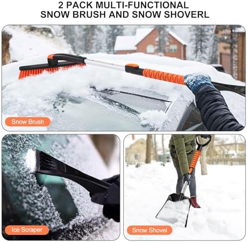 Odoland Ice Scraper with Snow Brush and Snow Shovel, 35" Extendable Snow Remover with Foam Grip, 360° Pivoting Brush Head for Car Windshield, Emergency Snow Scraper for SUV Truck Vehicle, Orange