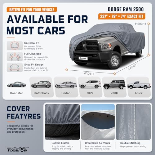 Truck Cover Waterproof All-Weather,Outdoor Full Exterior Pickup Covers(Length 243-250 inch) with Windshield Sun Shade Universal Fit Ford F-Series, Tundra, RAM 1500 etc,Size T6 (See SizeChart)