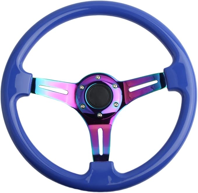 6 Bolts Car Racing Steering Whee 13.5" Universal Car and Simulation Pc Game Classic Sport Blue Steering Wheel with Neo Chrome Spoke and Horn Button