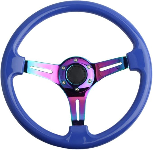 6 Bolts Car Racing Steering Whee 13.5" Universal Car and Simulation Pc Game Classic Sport Blue Steering Wheel with Neo Chrome Spoke and Horn Button