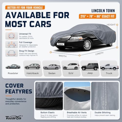 Large Car Cover Waterproof All-Weather,Outdoor Covers Custom Fit for Cadillac DeVille,Lincoln Town,Chevrolet Bel Air,Caprice,Thunderbird,Impala,Cutlass,Mercury Cougar (See Size Chart)
