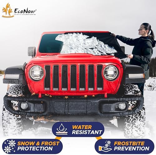 EcoNour Jeep Windshield Snow Cover | Durable 600D Oxford Fabric Winter Car | Windshield Ice Cover for Jeep Wrangler, Bronco, Gladiators | X-Small