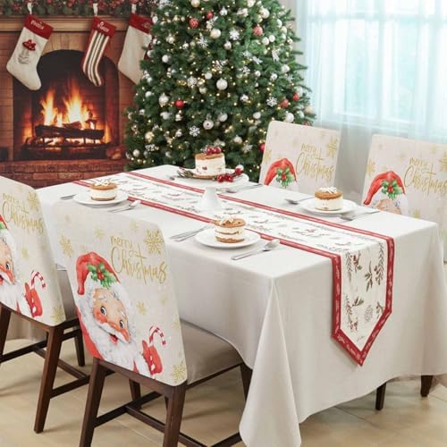 Merry Christmas Chair Back Covers Set of 6 Santa Claus Xmas Gold Snowflake Linen Texture Washable Removable Chair Cover Slipcover Protector for Dining Room Hotel Party Holiday Decor