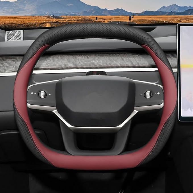 Nappa Leather Car Steering Wheel Cover for Ford Expedition 2007-2026, 15-inch Perforated Design, Heat Resistant Anti-Slip Car Wheel Wrap(Black-Claret)