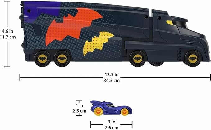 Fisher-Price DC Batwheels Toy Hauler and Car, Bat-Big Rig with Ramp and Bam The Batmobile 1:55 Scale Diecast Toy Vehicle, Ages 3+ Years