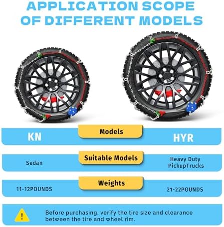 K-Musculo Snow Chains for Car Tires, Portable Reusable Universal Emergency Tire Traction Chain for Passenger Car, Auto Fixing 1 Min Quick Fit Easy Installation, Pickup Trucks and SUV Set of 2 (HYR-A)
