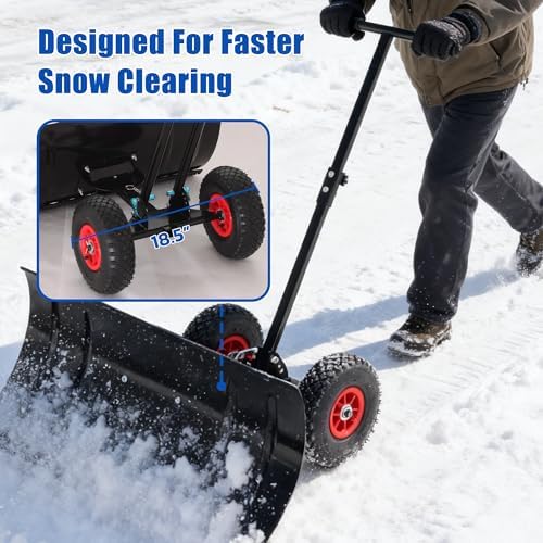 30" Wide Metal Snow Pusher Shovel with 2 Wheels & 15" Blade Adjustable Height & Angle Handle for Driveway, Sidewalk - Ergonomic Double-Rod Design, Heavy-Duty Steel
