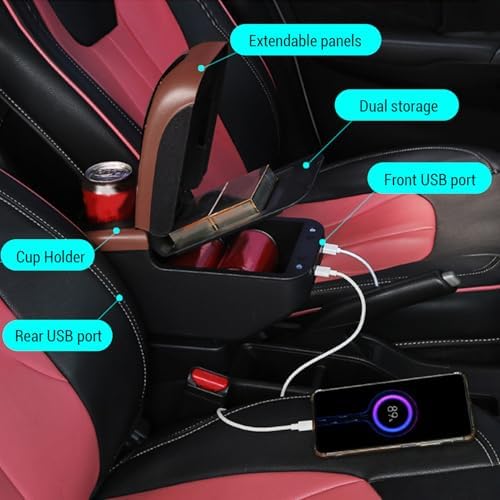 Universal Car Armrest Box with 5 USB ports and 1 Type-C port Double Layer Car Organizers and Storage Car Arm Rest Console Organizer for SUV Truck Car (Brown)
