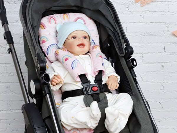 Infant Car Seat Insert, Car Seat Head Support Baby Girls Boys, Soft & Reversible Newborn Carseat Insert Cushion with 2 Strap Covers, for Stroller, Swing, Bouncer (Pink Rainbow)