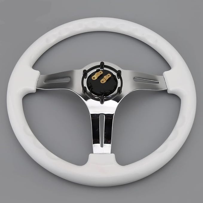 Classic White Car Racing Steering Wheel Chrome Silver Spokes 350mm 13.5" Sports Wood Steering Wheel 6 Bolts Deep Dish With Horn Button