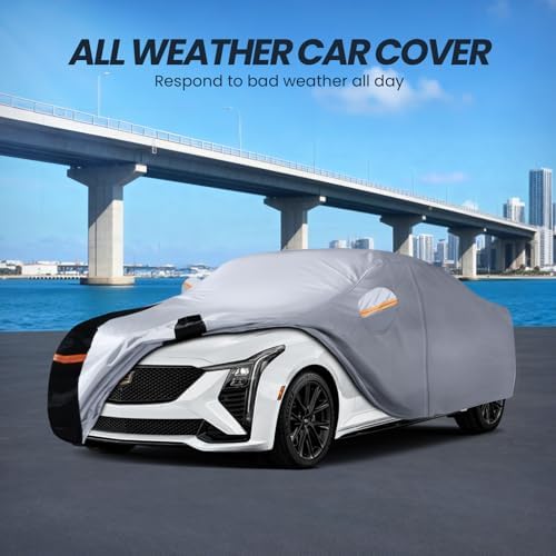 Multi-Layer Car Cover Custom Fit for Cadillac CT5(2019-2026), 100% Waterproof All Weather for Automobiles, Gift with Towel, Heavy Duty Car Covers for Rain Sun UV Protection with Door Zipper