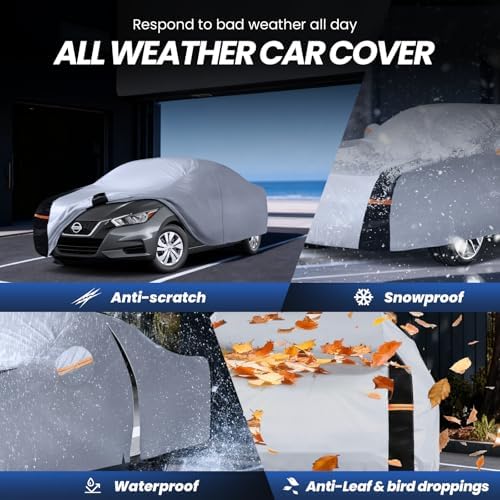Multi-Layer Car Cover Custom Fit for Nissan Versa (2019-2026), 100% Waterproof All Weather for Automobiles, Gift with Towel, Heavy Duty Car Covers for Rain Sun UV Protection with Door Zipper.