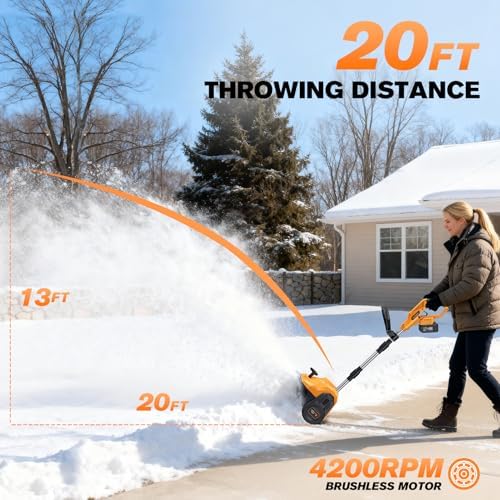 Brushless Cordless Snow Shovel 12", 20V 2X 4.0AH Batteries Snow Blower, 20FT Snow Throws, 6" Deep, Powerful Electric Snow Removal with Adjustable 90° Directional Plate &Handle for Driveway