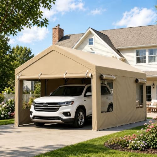 Nuturelly 12x20 Heavy Duty Carport, Portable Garage for Truck SUV, Khaki