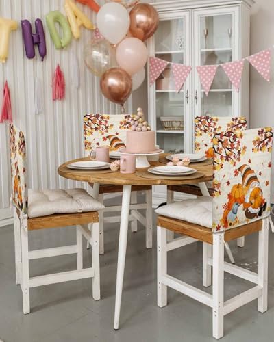 Thanksgiving Cute Gnome Chair Back Covers Set of 6 Fall Pumpkin Maple Leaf Sunflower Retro Text Bottom Washable Removable Chair Cover Slipcover Protector for Dining Room Hotel Party Holiday Decor
