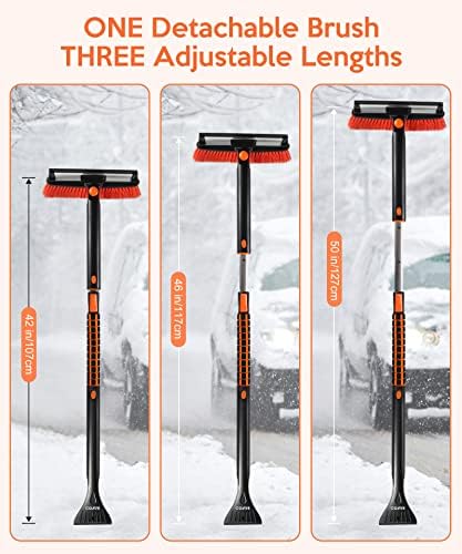 COFIT Car Snow Brush with Ice Scraper and Squeegee 3 in 1, 50" Extendable Cleaning Kit Long Handle, Windshield Snow Removal Tool Scratch Free, SUV Truck RV Window Roof Exterior Wash Supplies, Orange